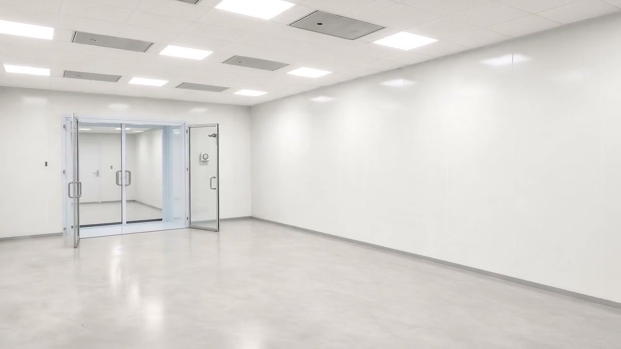 Clean room built by RSNE: white insulated panel walls, glass double doors and a sealed floor